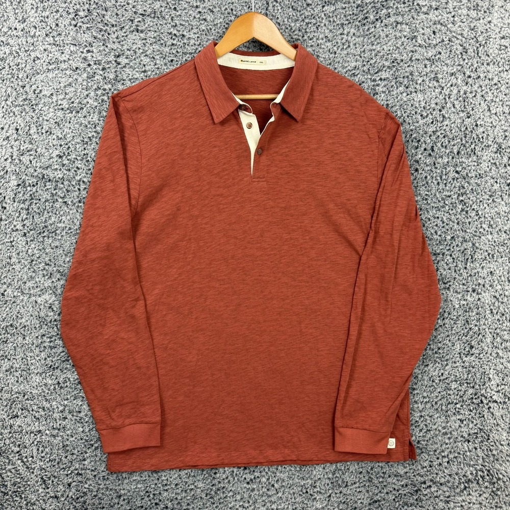 Marine Layer Polo Shirt Mens 2XL Red Long Sleeve 100% Cotton Jersey Lightweight
